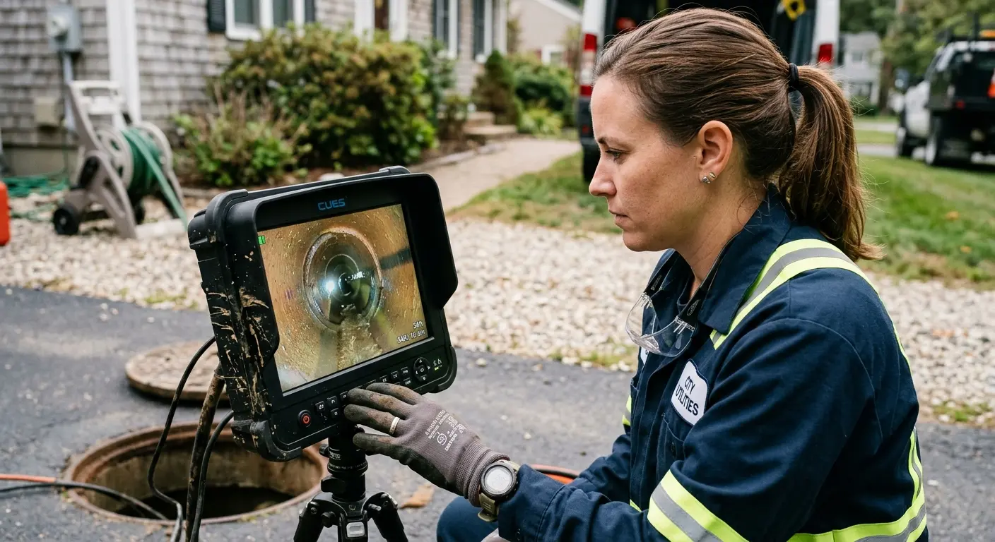 Technician reviewing sewer camera inspection footage in Warner Robins