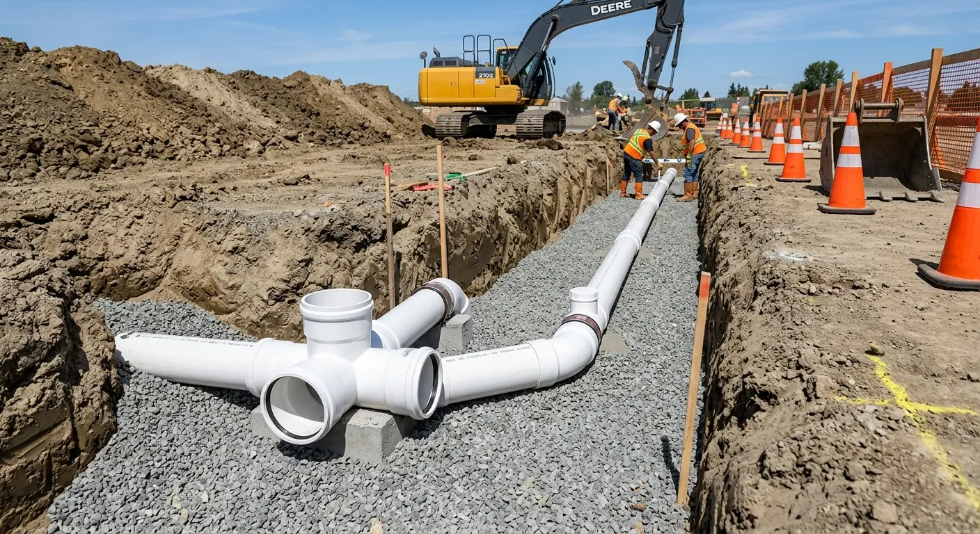 New PVC sewer pipe installation in open trench for Commercial Drain Cleaning in Warner Robins