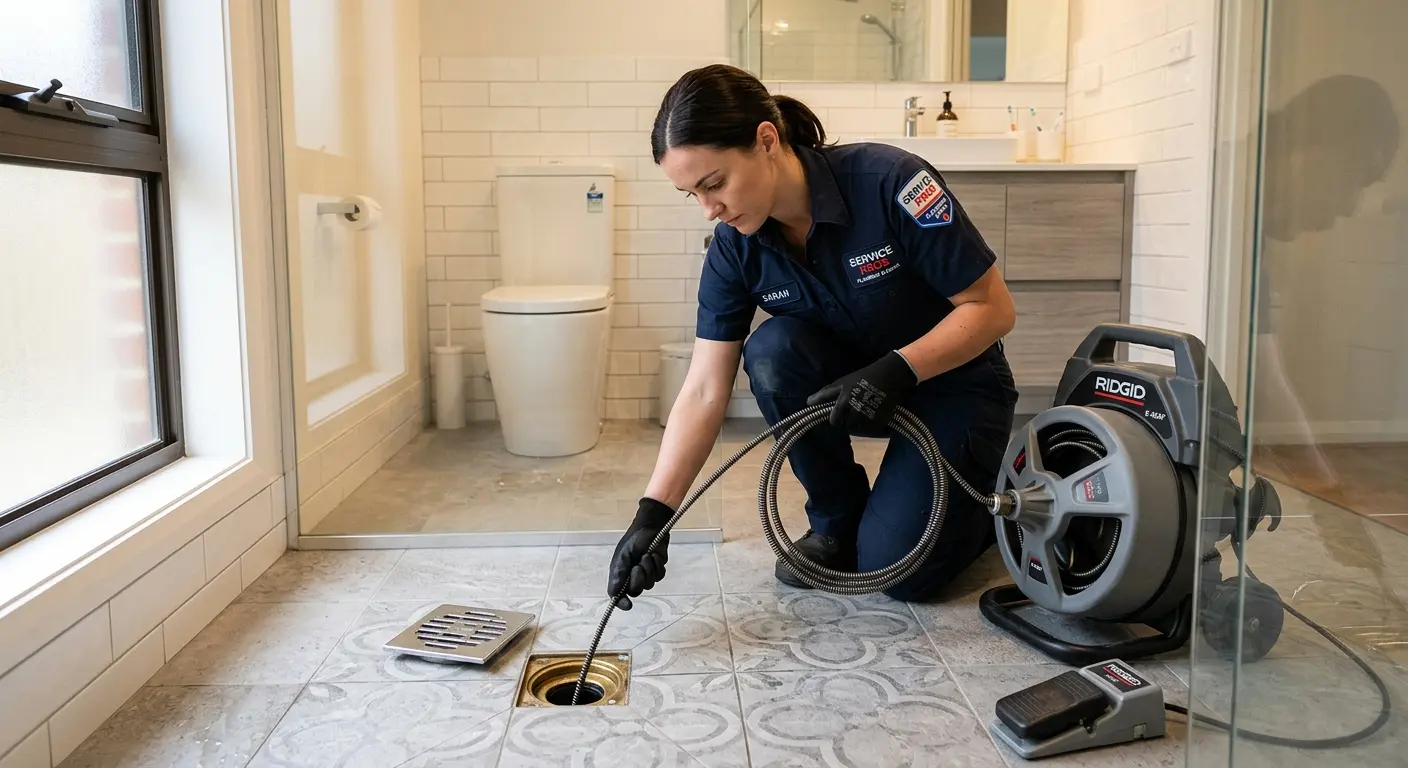 Technician clearing a bathroom floor drain for Drain Cleaning in Warner Robins